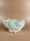 A white ceramic wall-mounted shell-shaped sconce with a sculpted seashell design, shown against a warm beige wall.