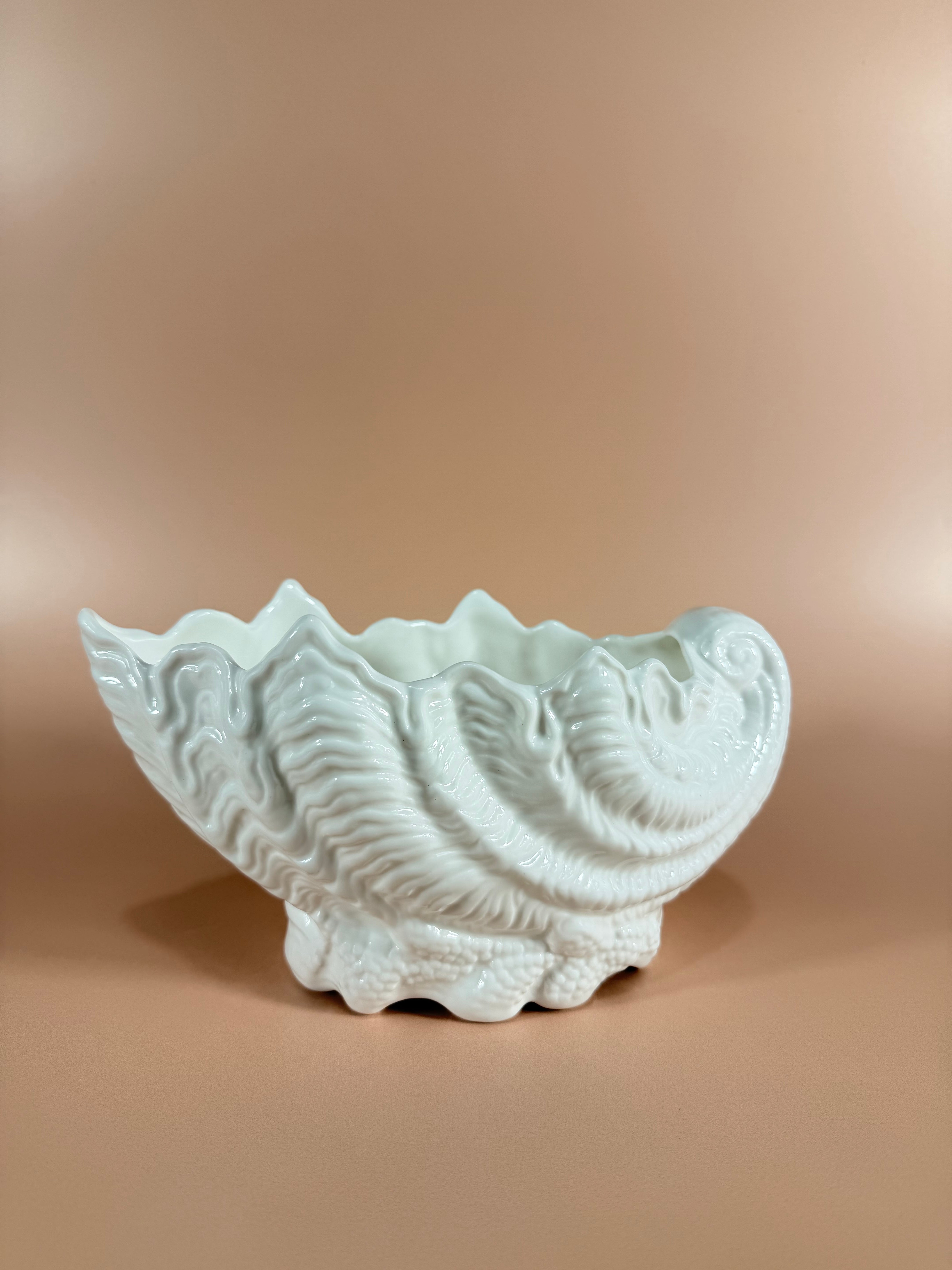 A white ceramic wall-mounted shell-shaped sconce with a sculpted seashell design, shown against a warm beige wall.