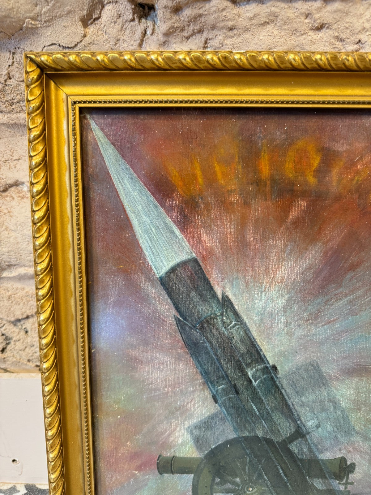 Royal Artillery Interest Oil Painting 1967 F. Eaton - Missile & Cannon Framed