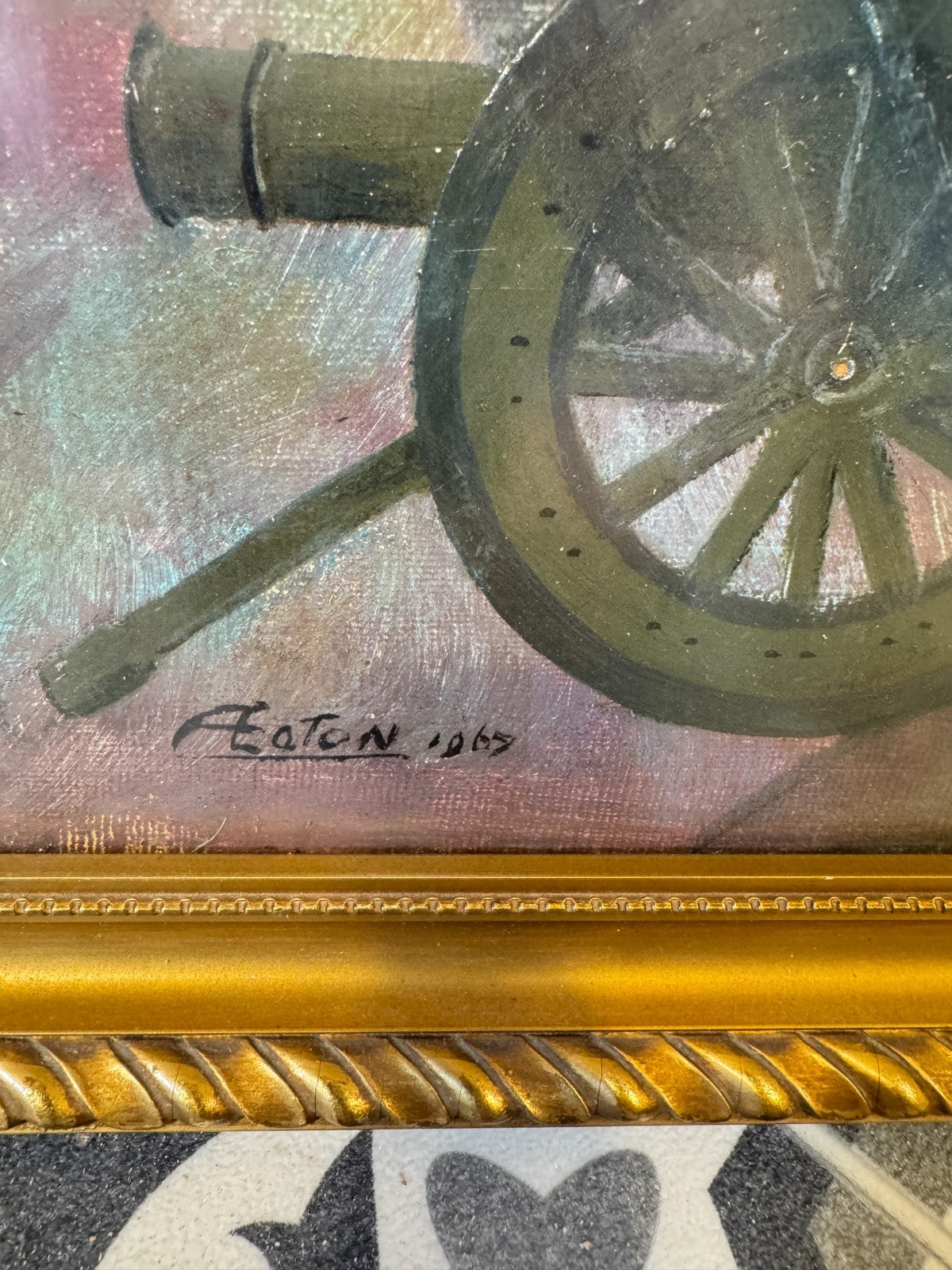 Royal Artillery Interest Oil Painting 1967 F. Eaton - Missile & Cannon Framed