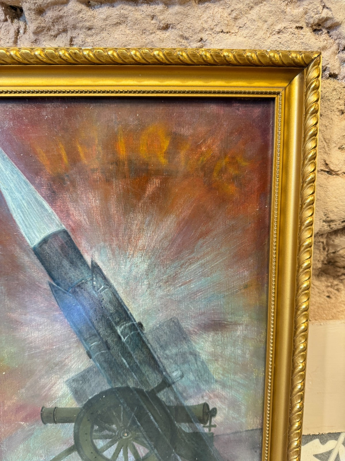 Royal Artillery Interest Oil Painting 1967 F. Eaton - Missile & Cannon Framed
