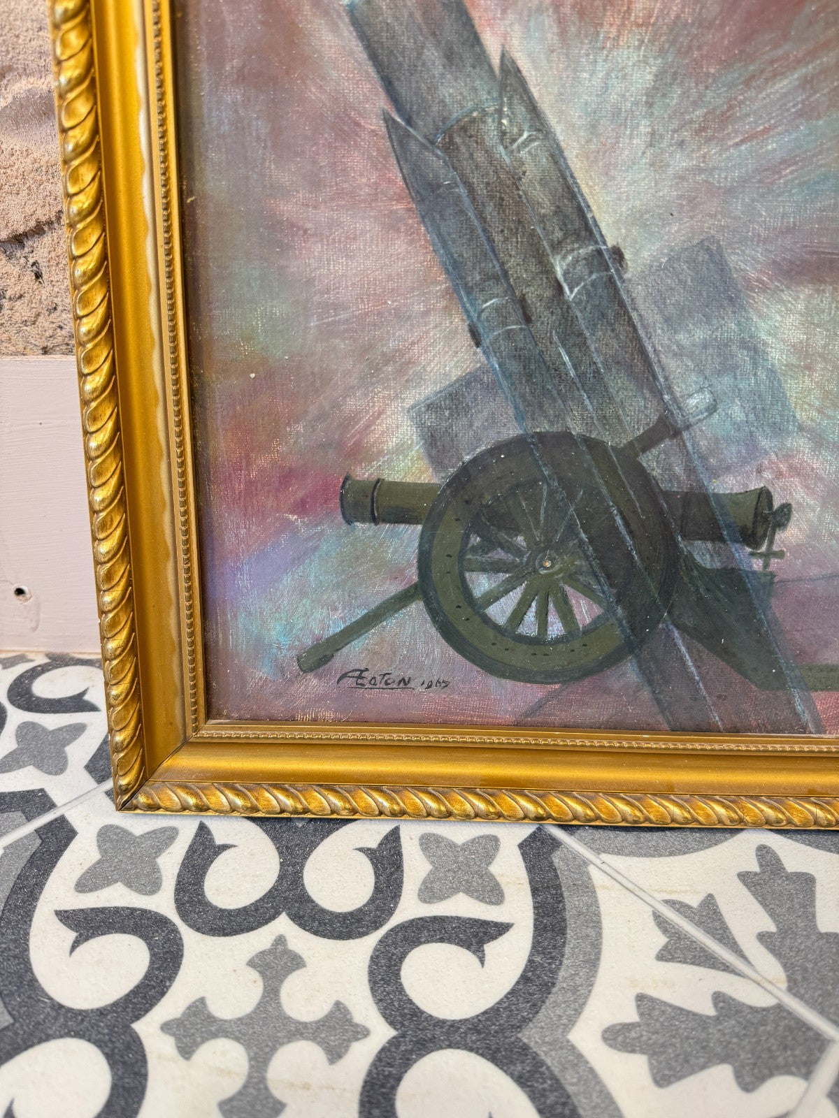 Royal Artillery Interest Oil Painting 1967 F. Eaton - Missile & Cannon Framed