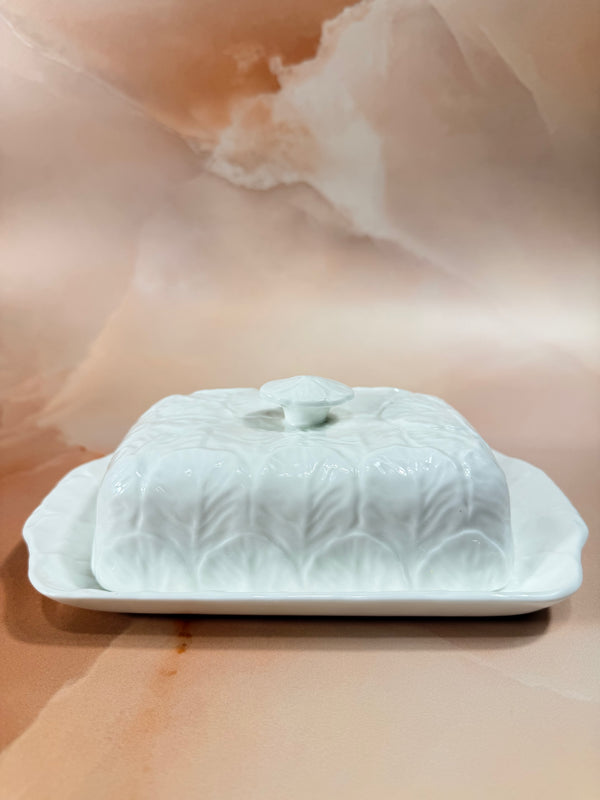 1970s Countryware Butter Dish - Bone China White Cabbage Leaf Design