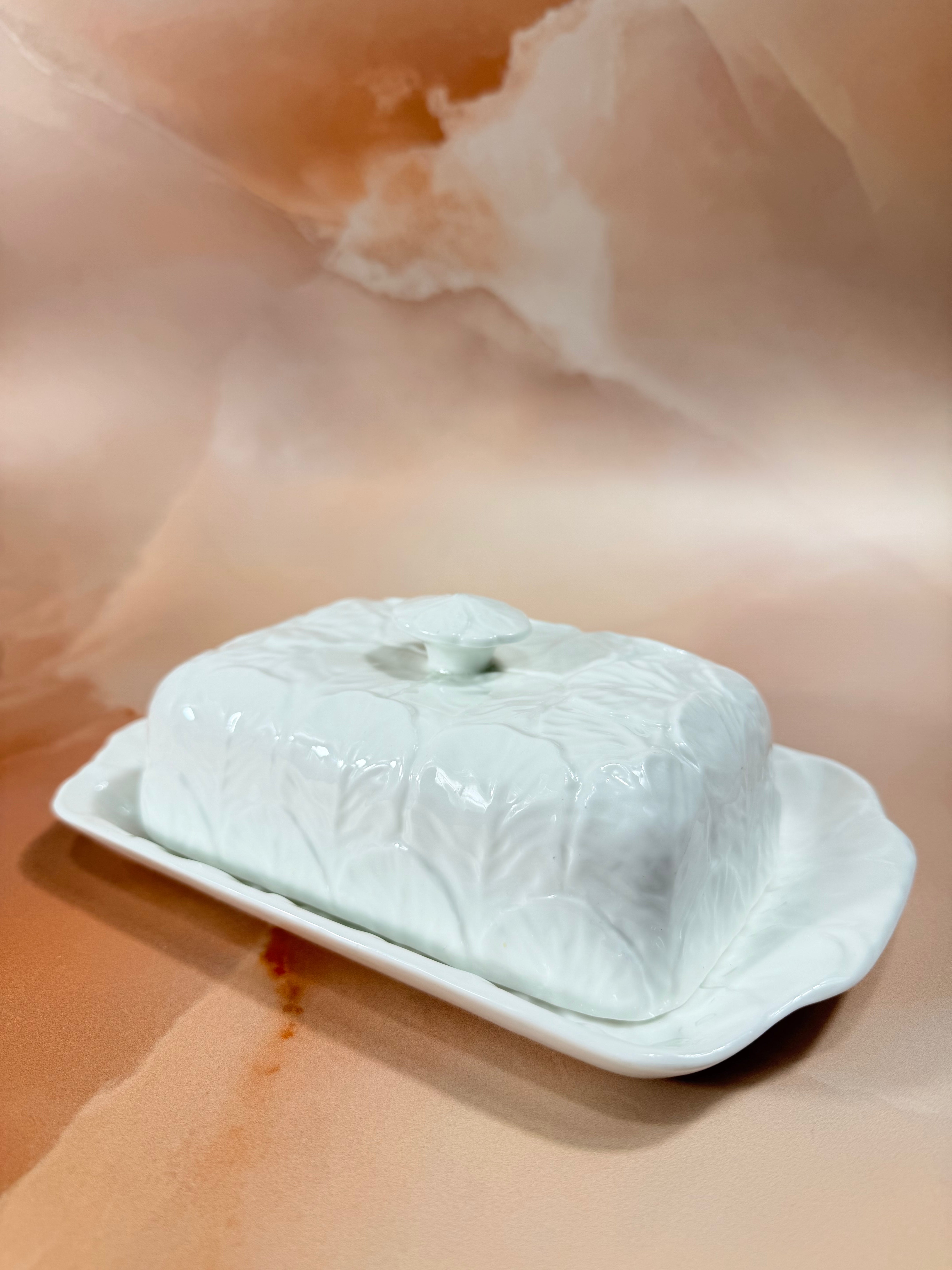1970s Countryware Butter Dish - Bone China White Cabbage Leaf Design