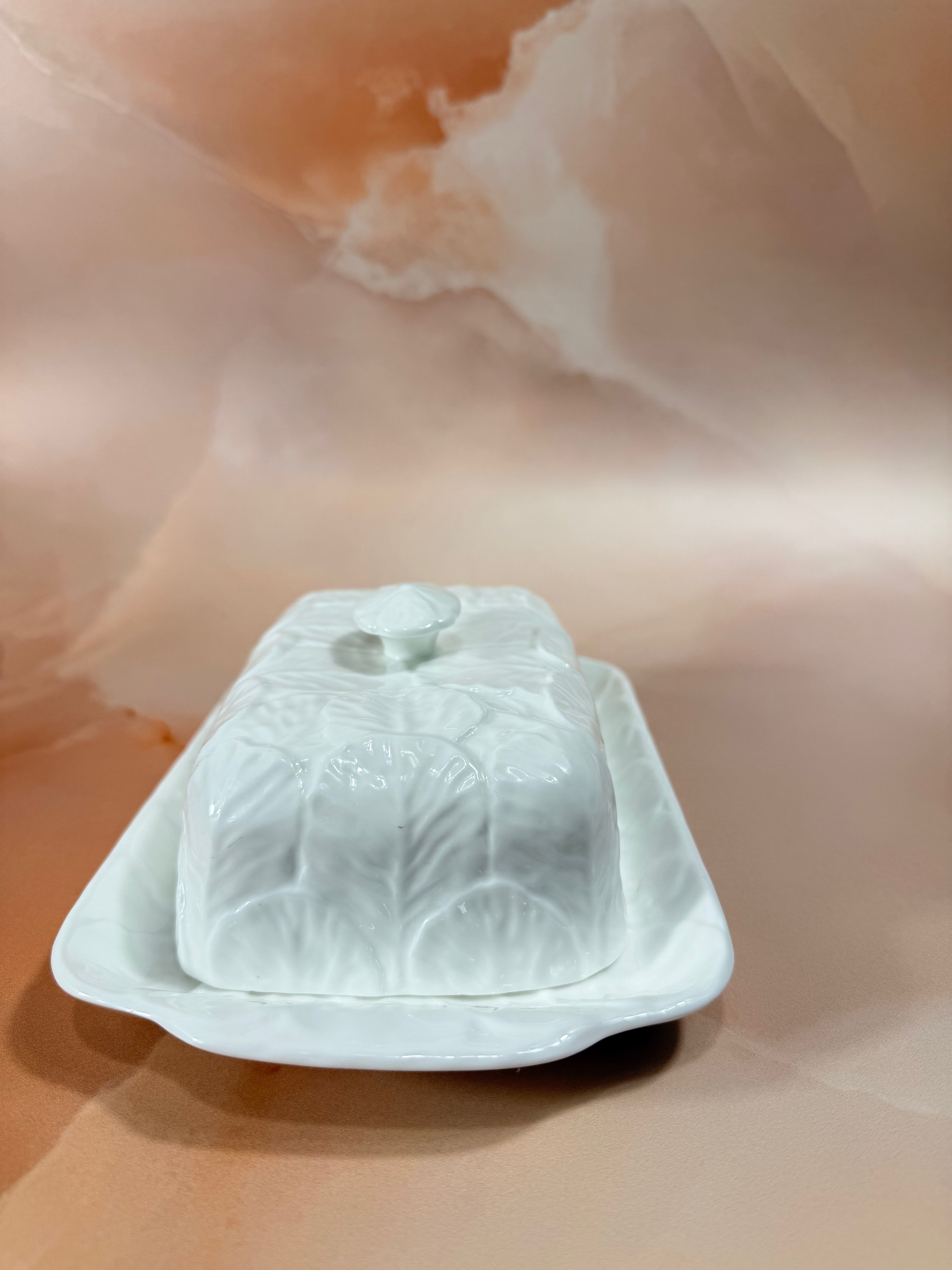 1970s Countryware Butter Dish - Bone China White Cabbage Leaf Design