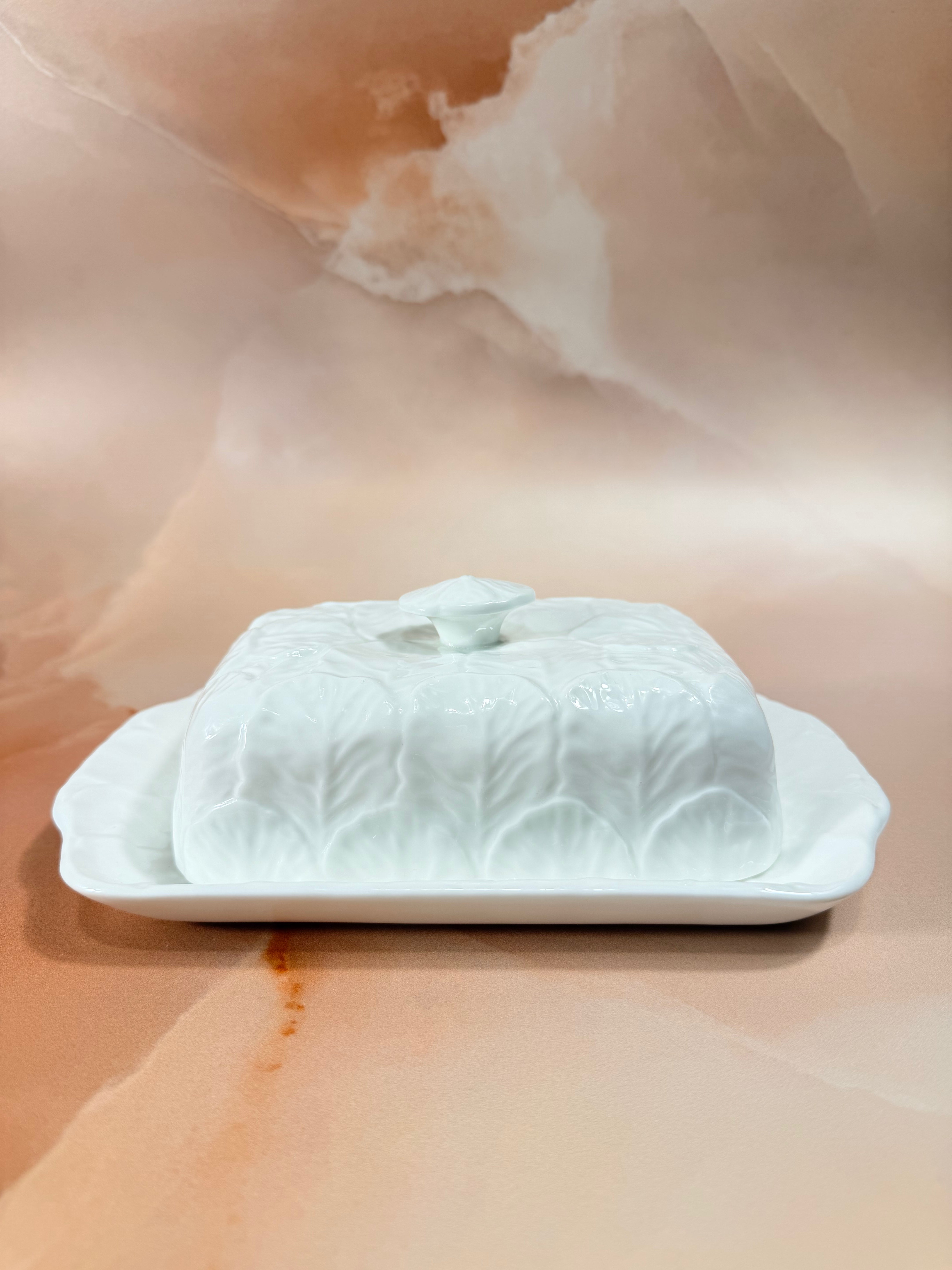 1970s Countryware Butter Dish - Bone China White Cabbage Leaf Design