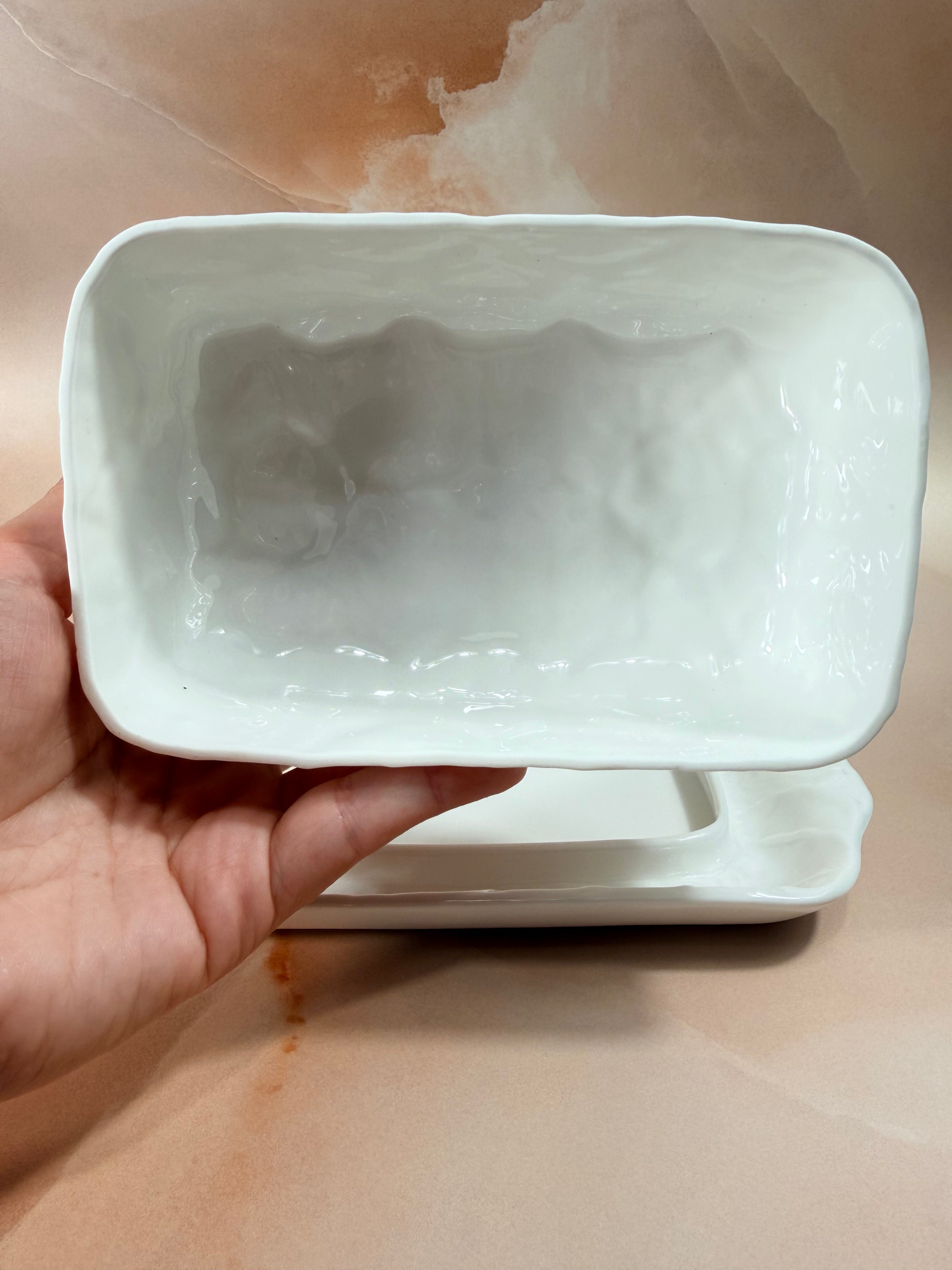 1970s Countryware Butter Dish - Bone China White Cabbage Leaf Design