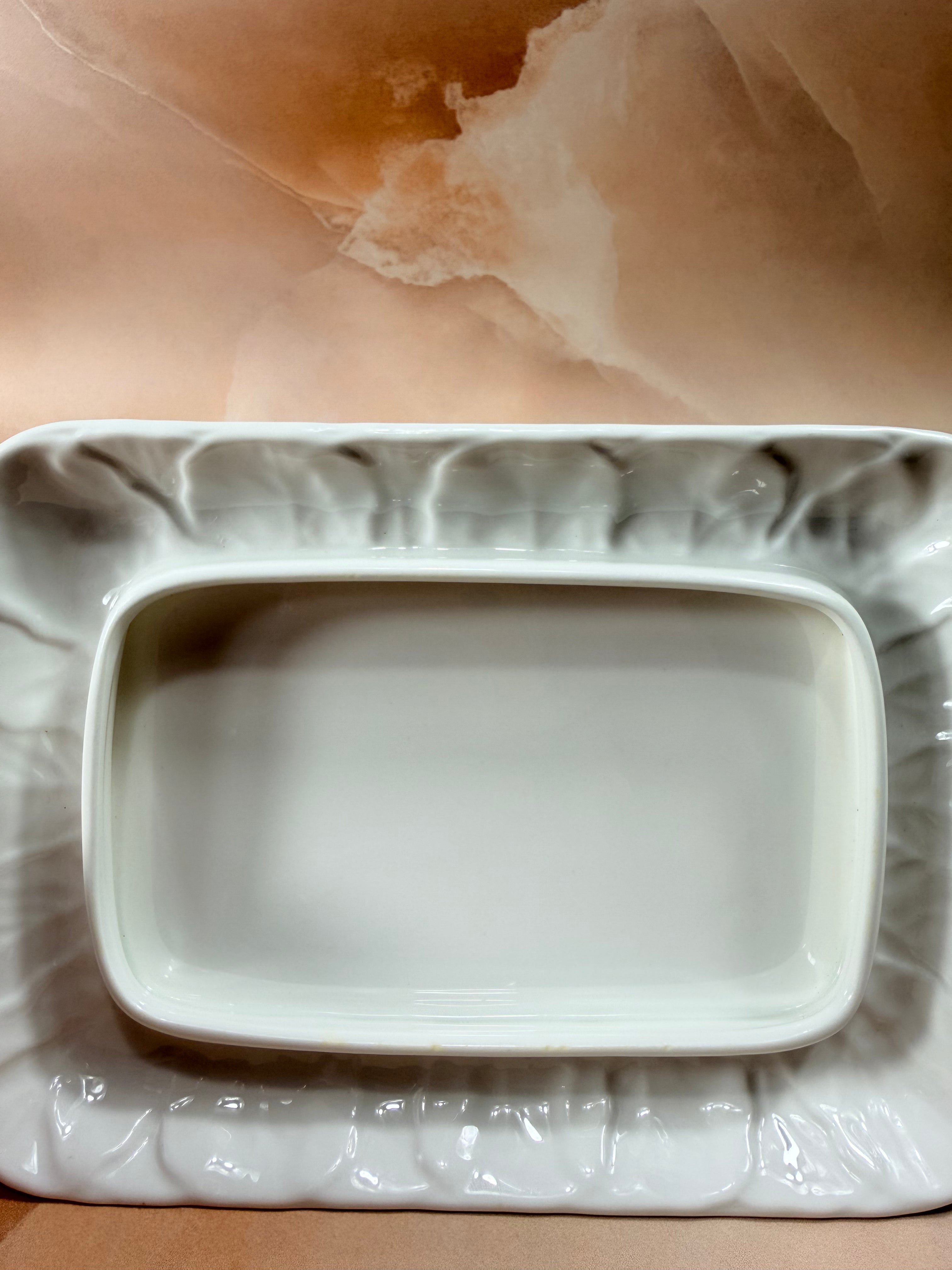 1970s Countryware Butter Dish - Bone China White Cabbage Leaf Design