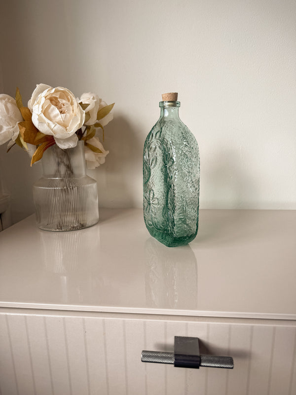 Vintage Embossed Glass Bottle with Cork