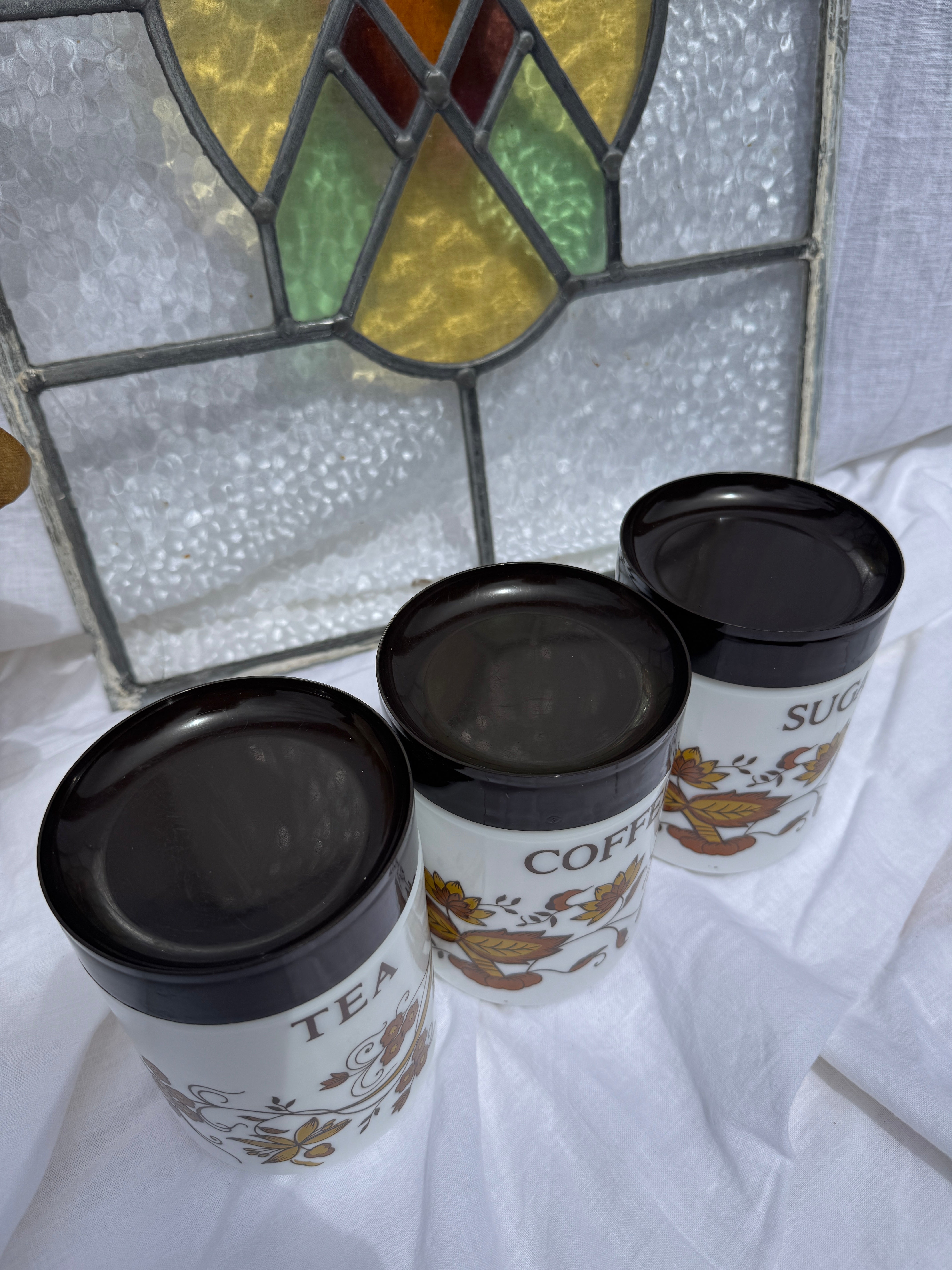 Boîtes à café, thé et sucre en verre opalin italien