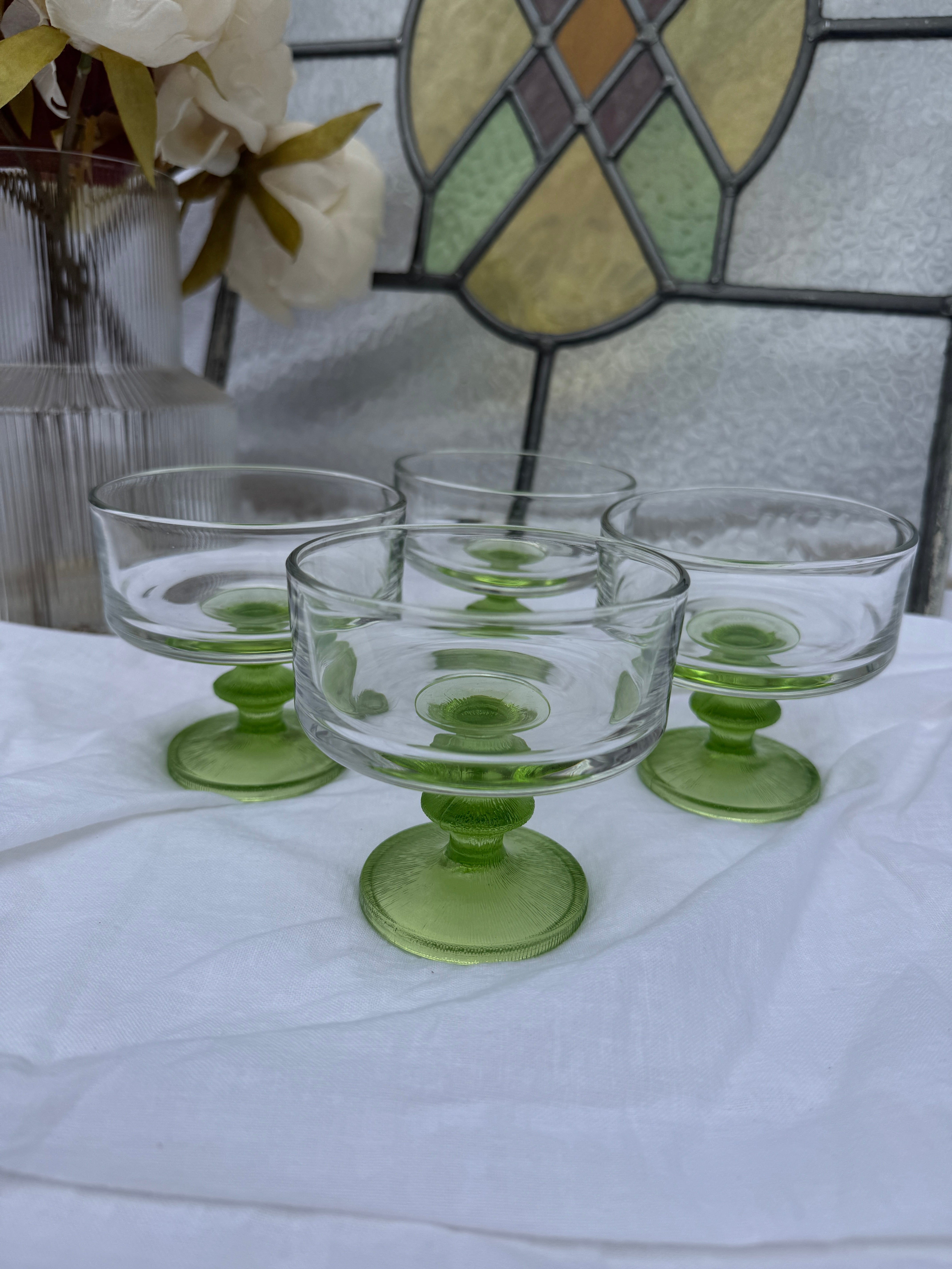 Set of 4 Vintage Italian Green Stemmed Desert Bowls