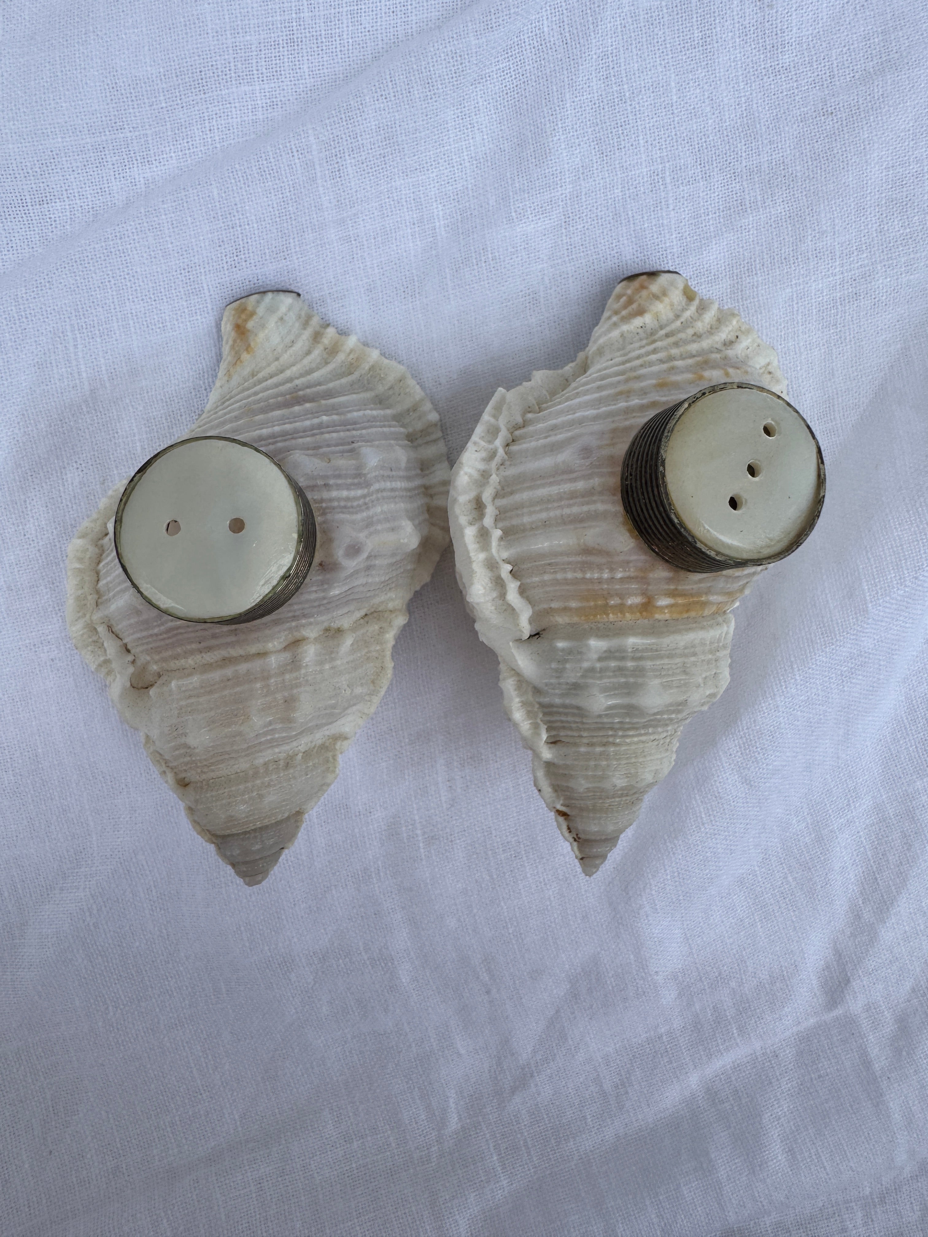 Vintage Handmade conch seashell salt and paper makers with mother of pearl tops
