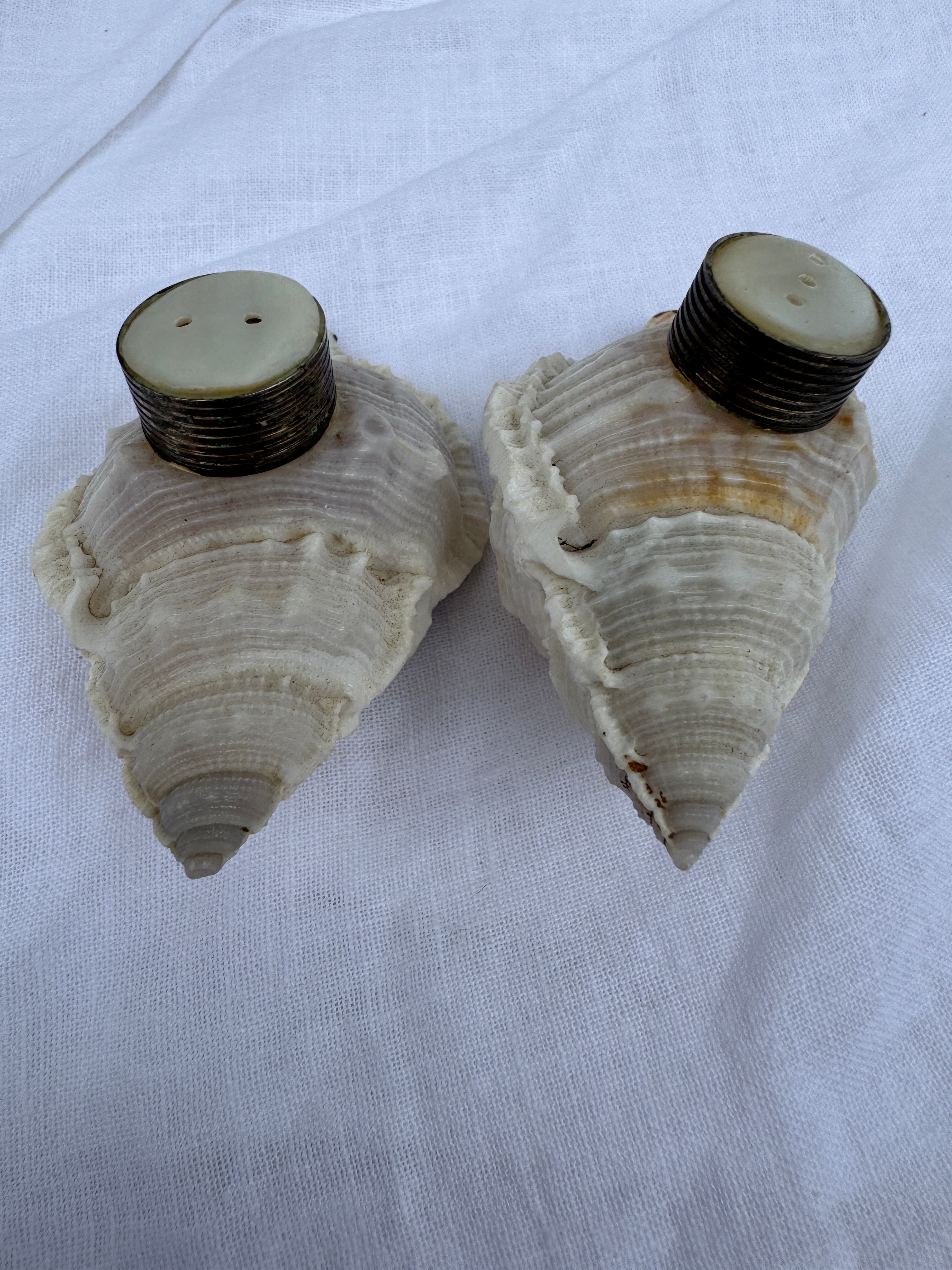 Vintage Handmade conch seashell salt and paper makers with mother of pearl tops
