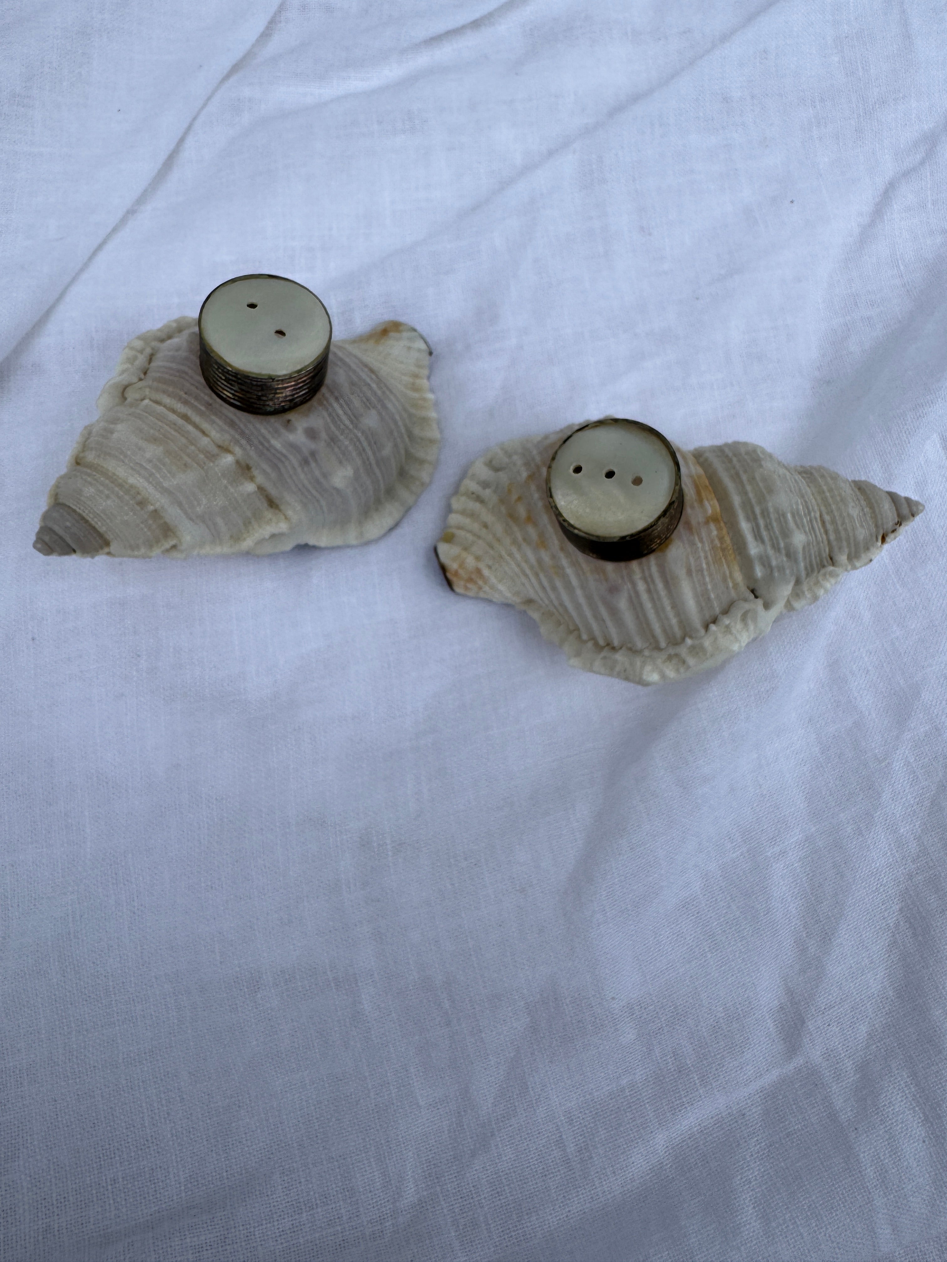Vintage Handmade conch seashell salt and paper makers with mother of pearl tops