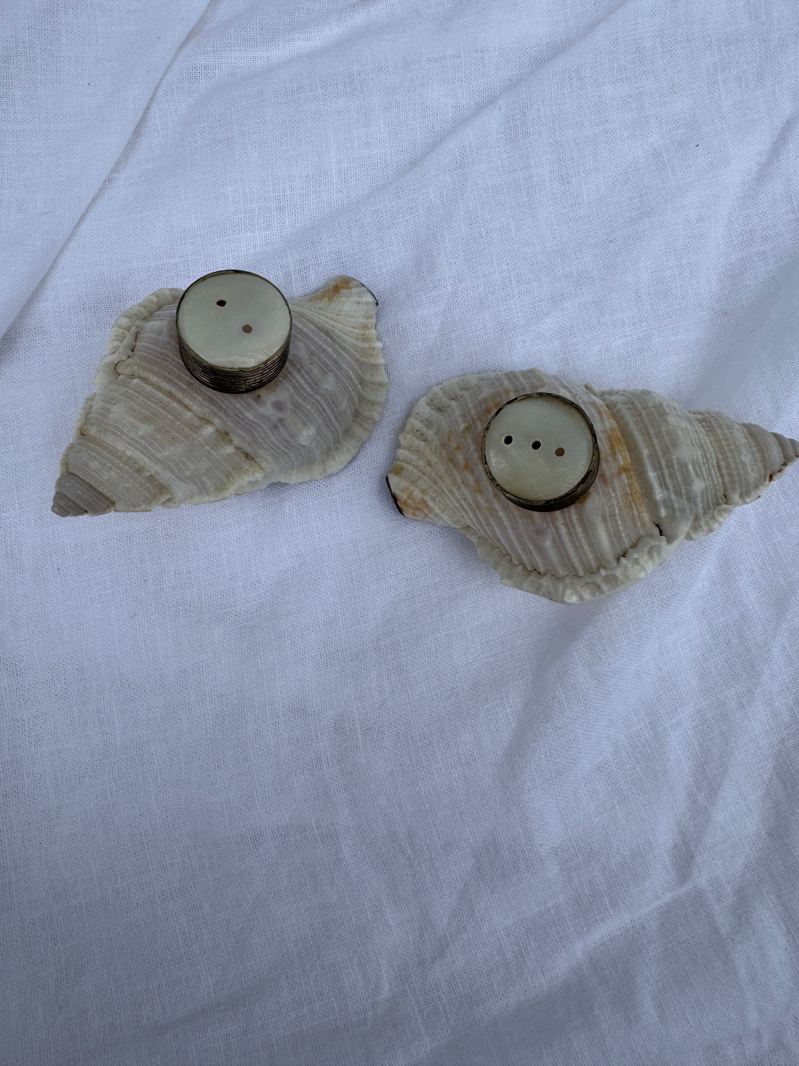Vintage Handmade conch seashell salt and paper makers with mother of pearl tops