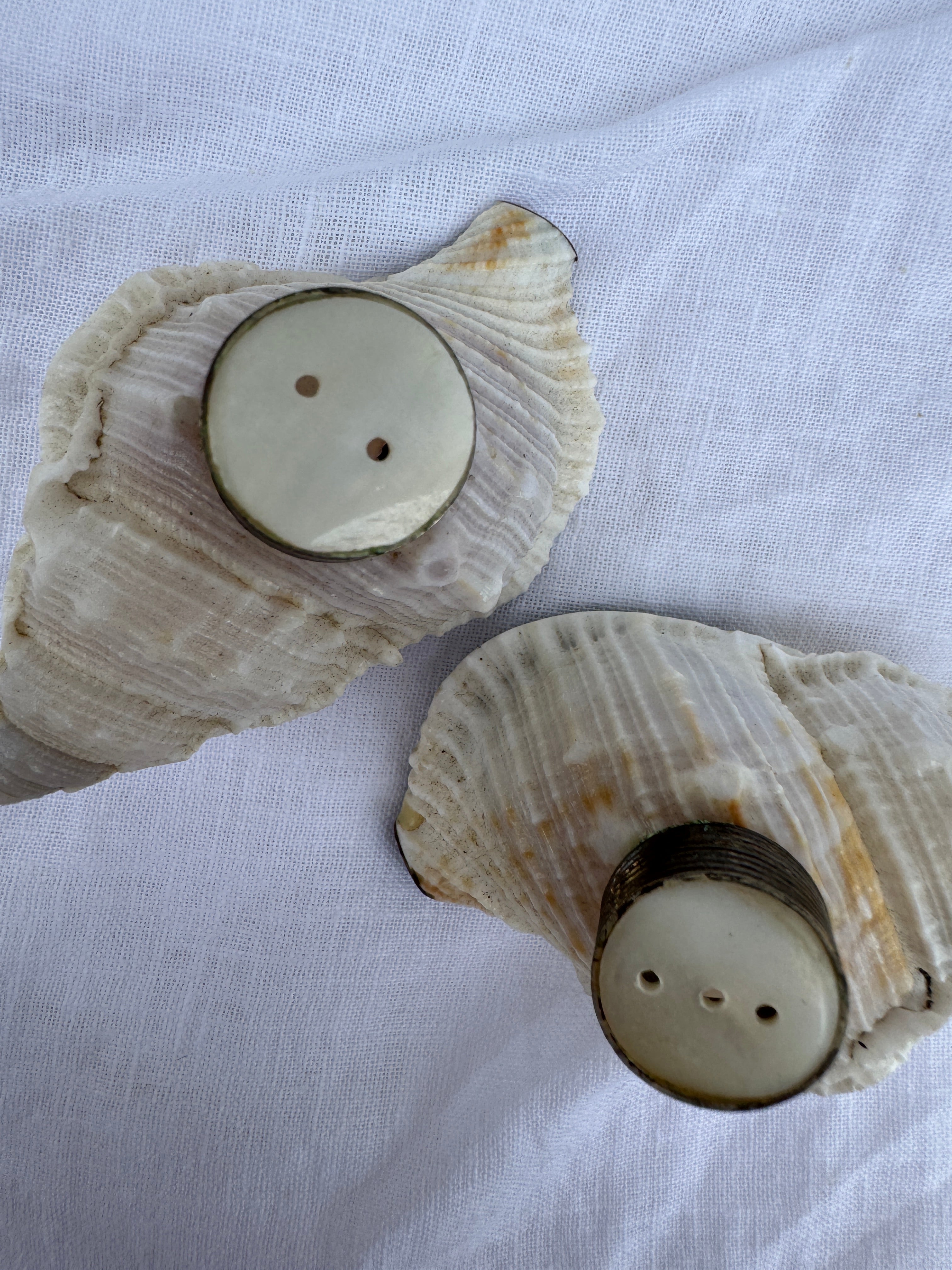 Vintage Handmade conch seashell salt and paper makers with mother of pearl tops