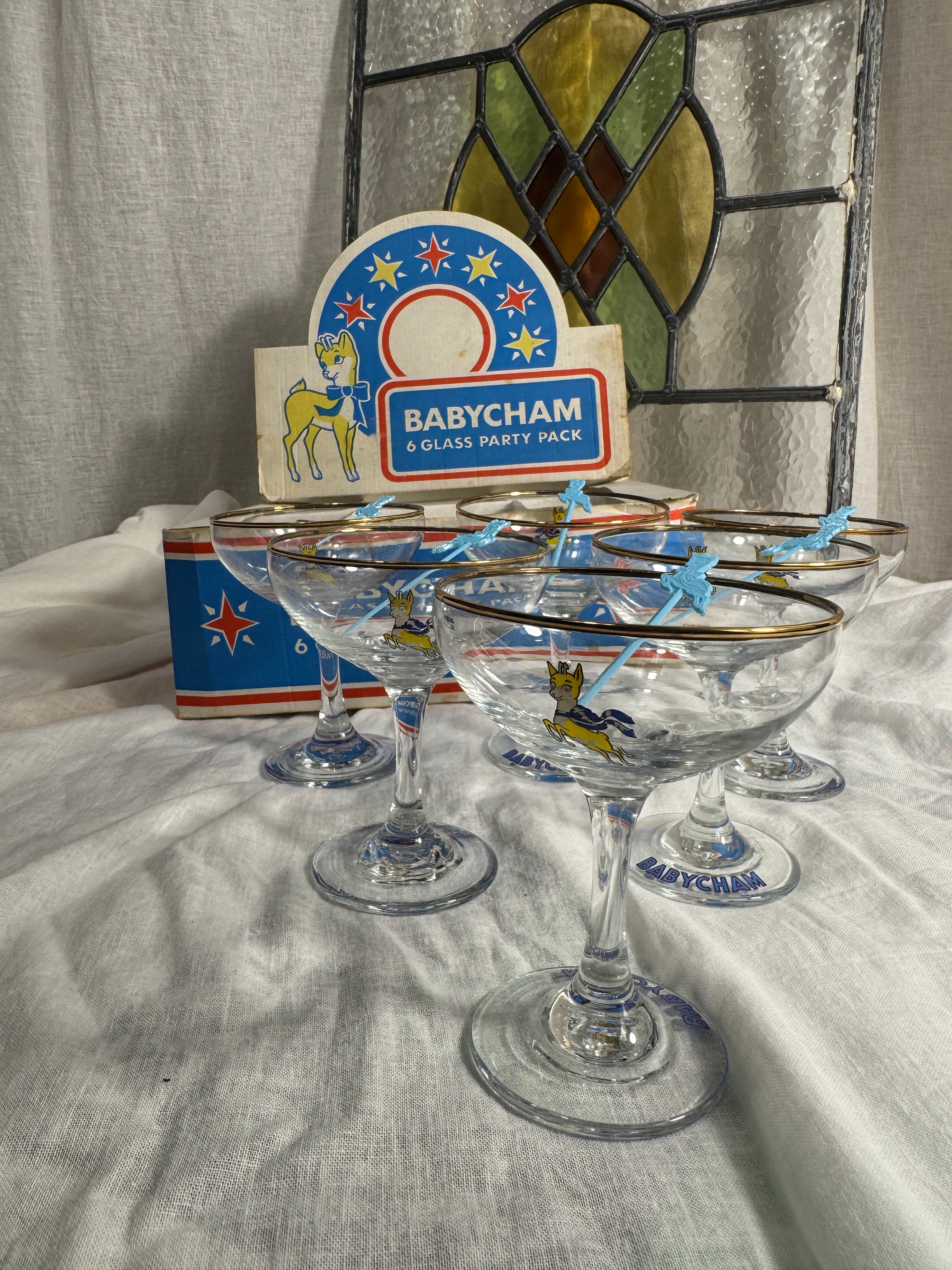 Original 1960s Babycham Party Pack - Includes 6 Glasses, Original Box and Swizzle Sticks