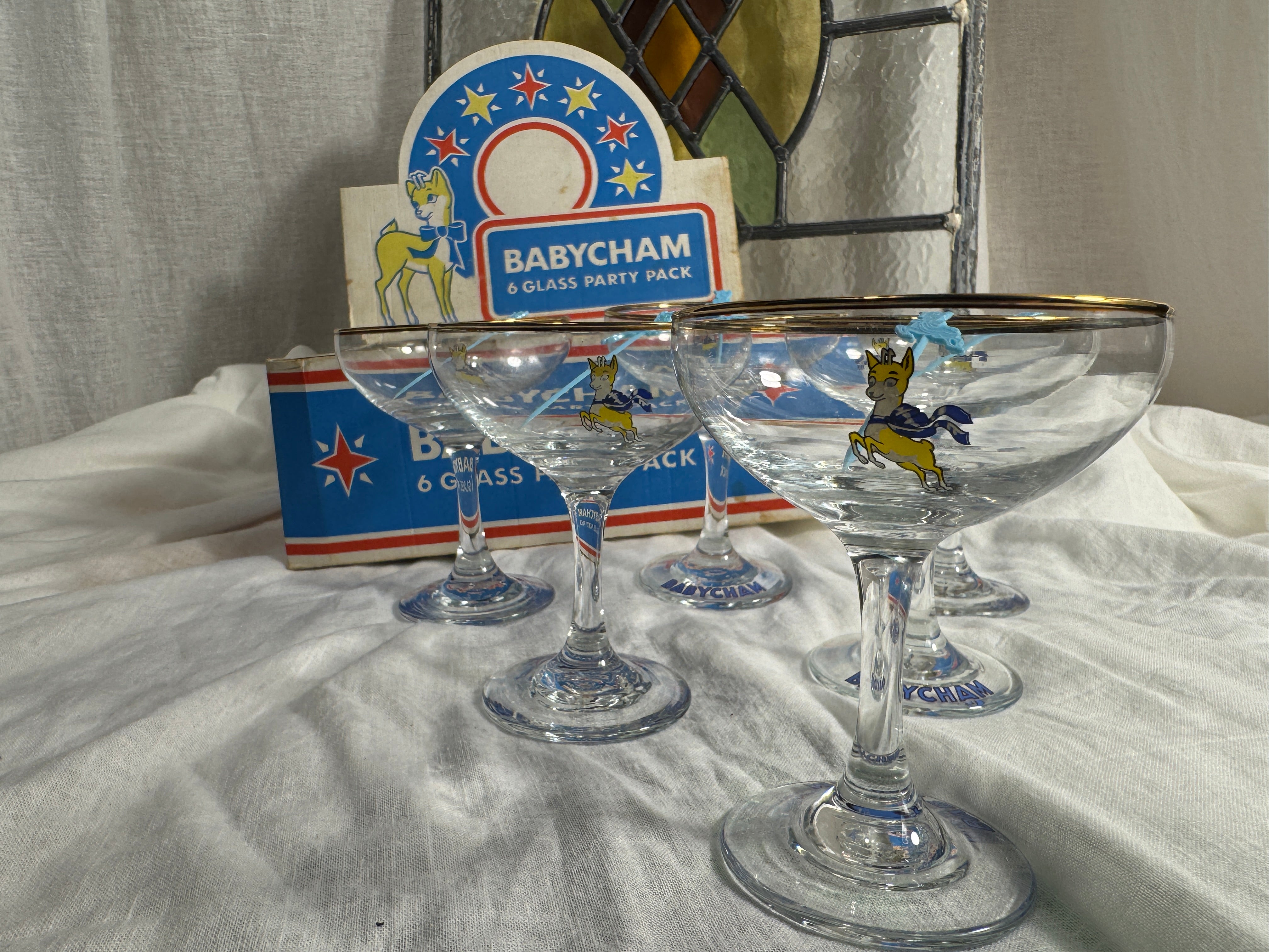 Original 1960s Babycham Party Pack - Includes 6 Glasses, Original Box and Swizzle Sticks