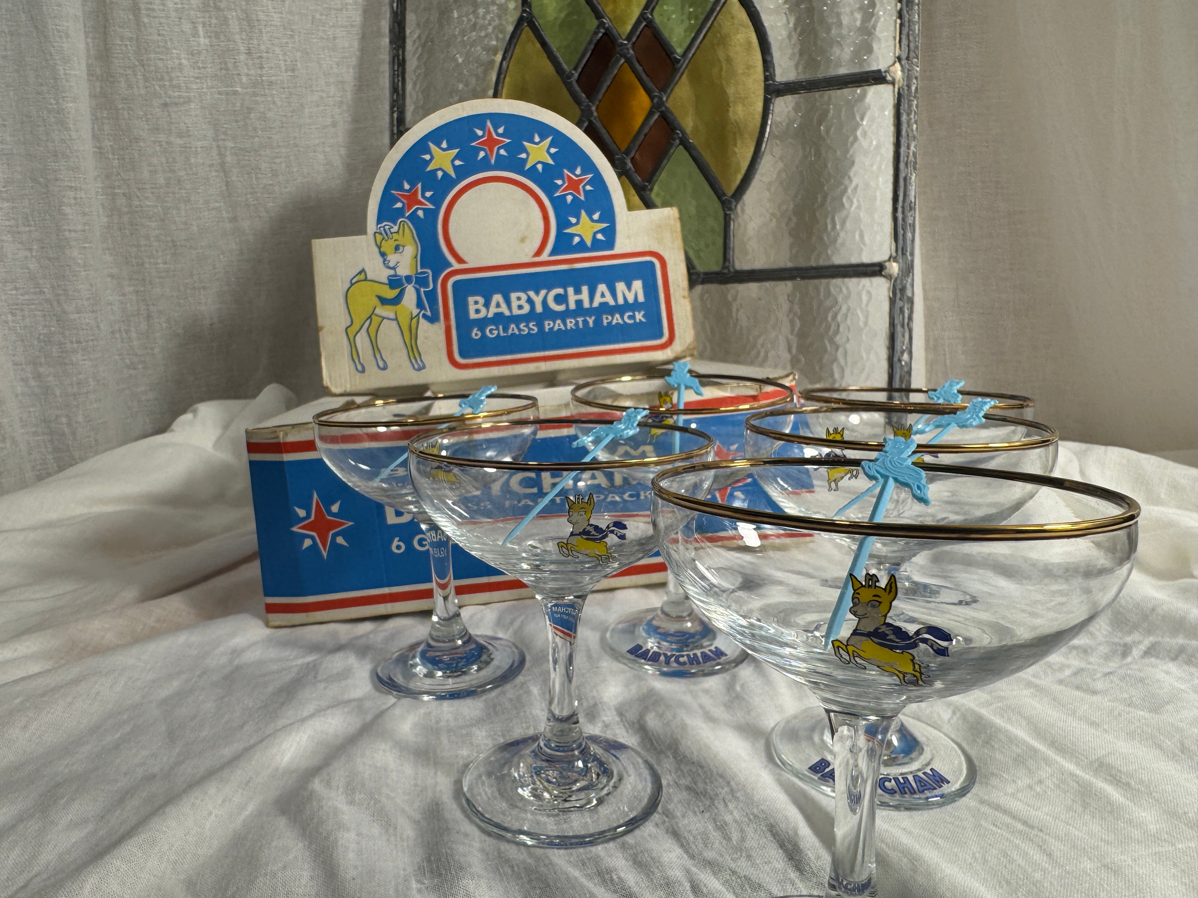 Original 1960s Babycham Party Pack - Includes 6 Glasses, Original Box and Swizzle Sticks