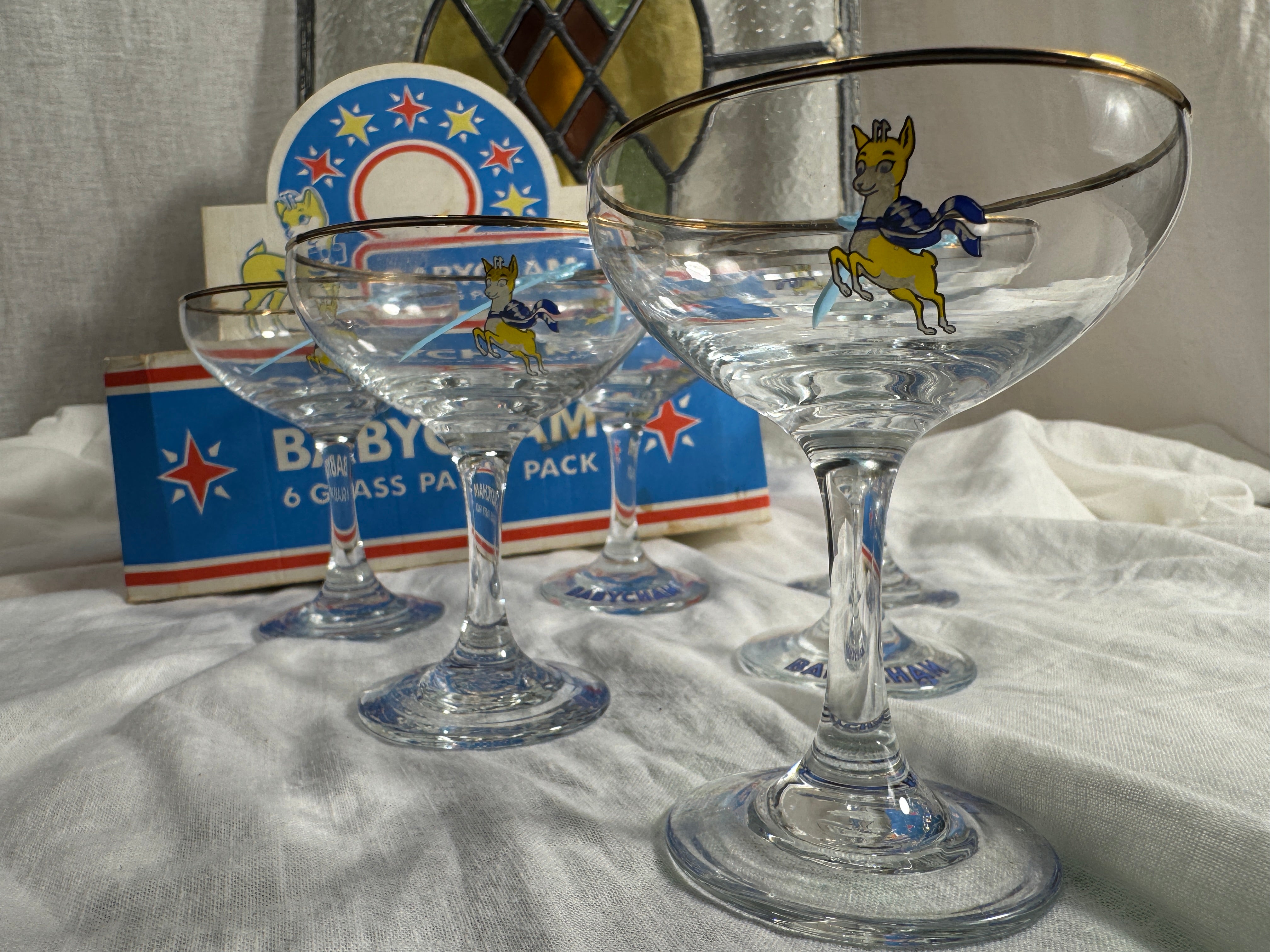 Original 1960s Babycham Party Pack - Includes 6 Glasses, Original Box and Swizzle Sticks