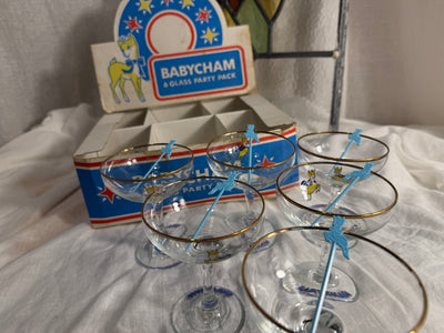 1960s Babycham party pack with six glasses, box and swizzle sticks