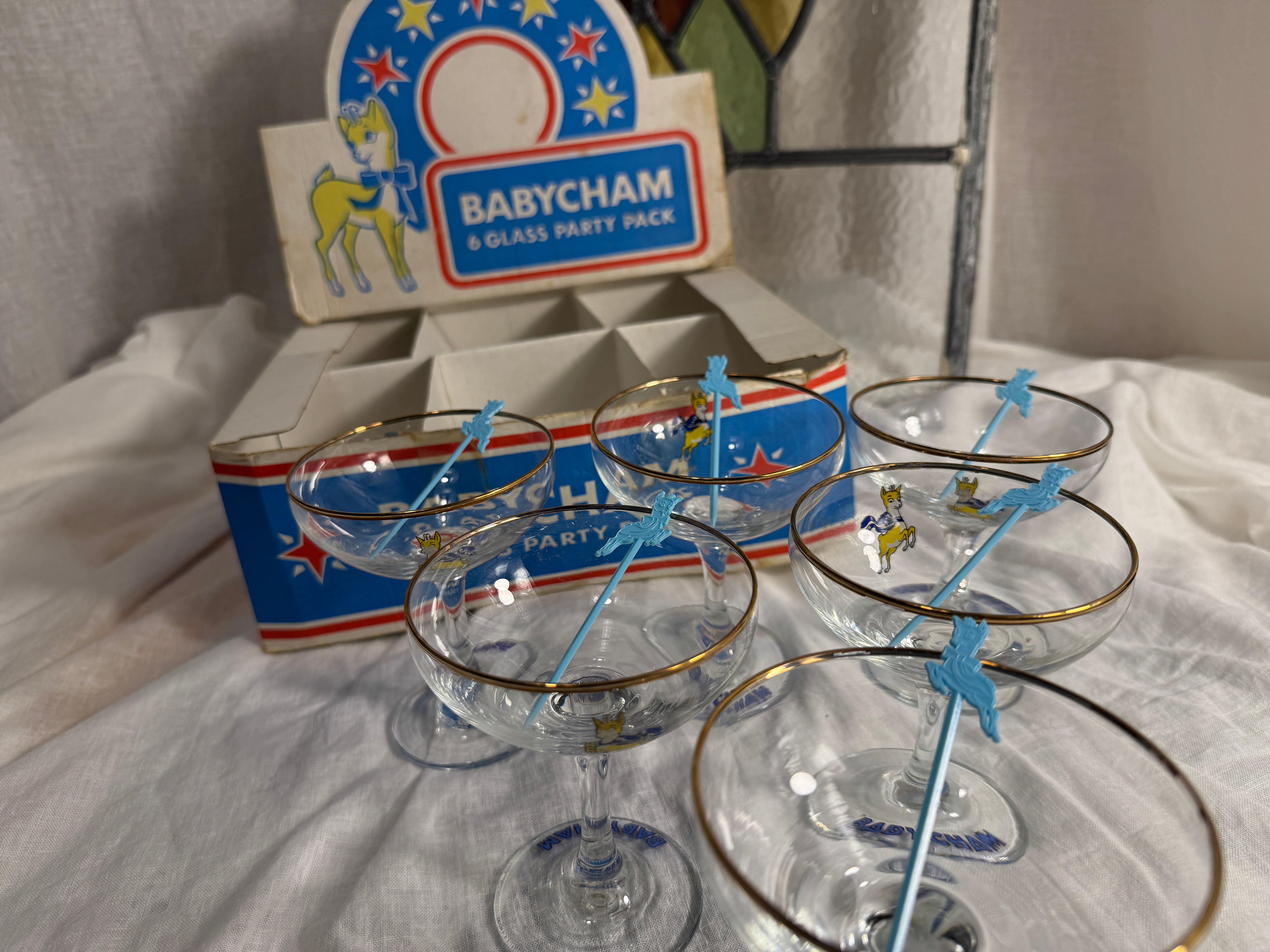 Original 1960s Babycham Party Pack - Includes 6 Glasses, Original Box and Swizzle Sticks