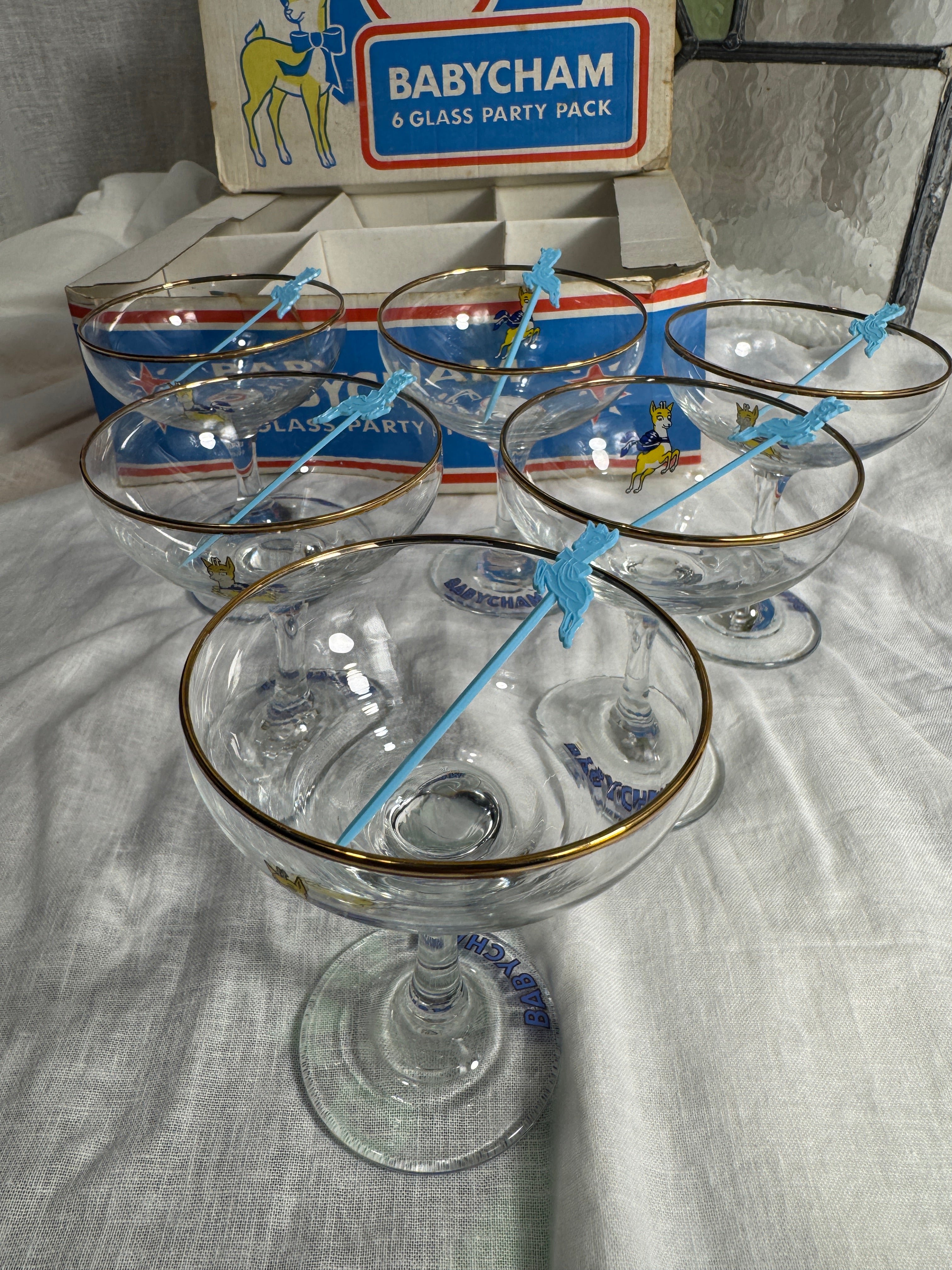 Original 1960s Babycham Party Pack - Includes 6 Glasses, Original Box and Swizzle Sticks