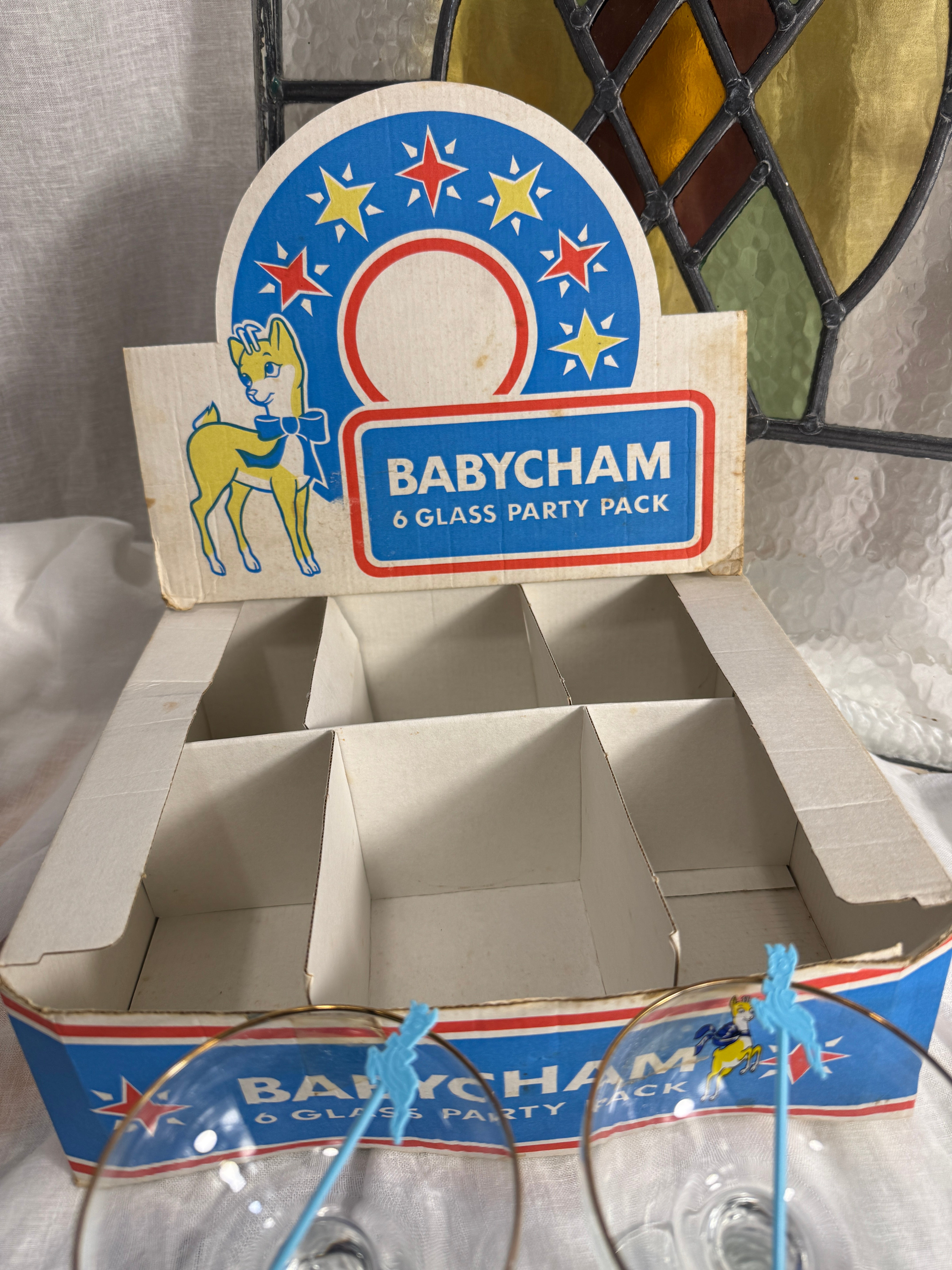 Original 1960s Babycham Party Pack - Includes 6 Glasses, Original Box and Swizzle Sticks