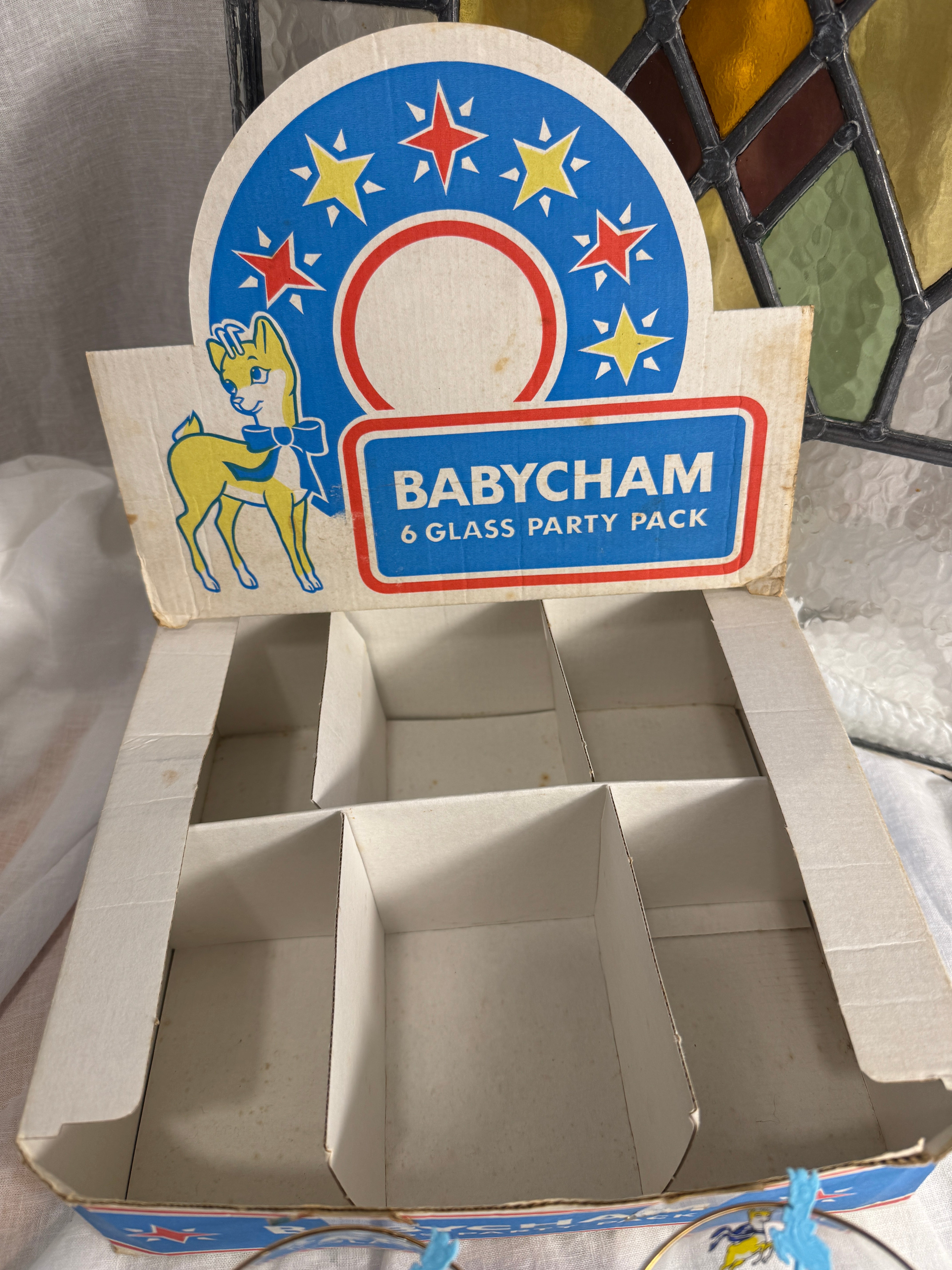 Original 1960s Babycham Party Pack - Includes 6 Glasses, Original Box and Swizzle Sticks