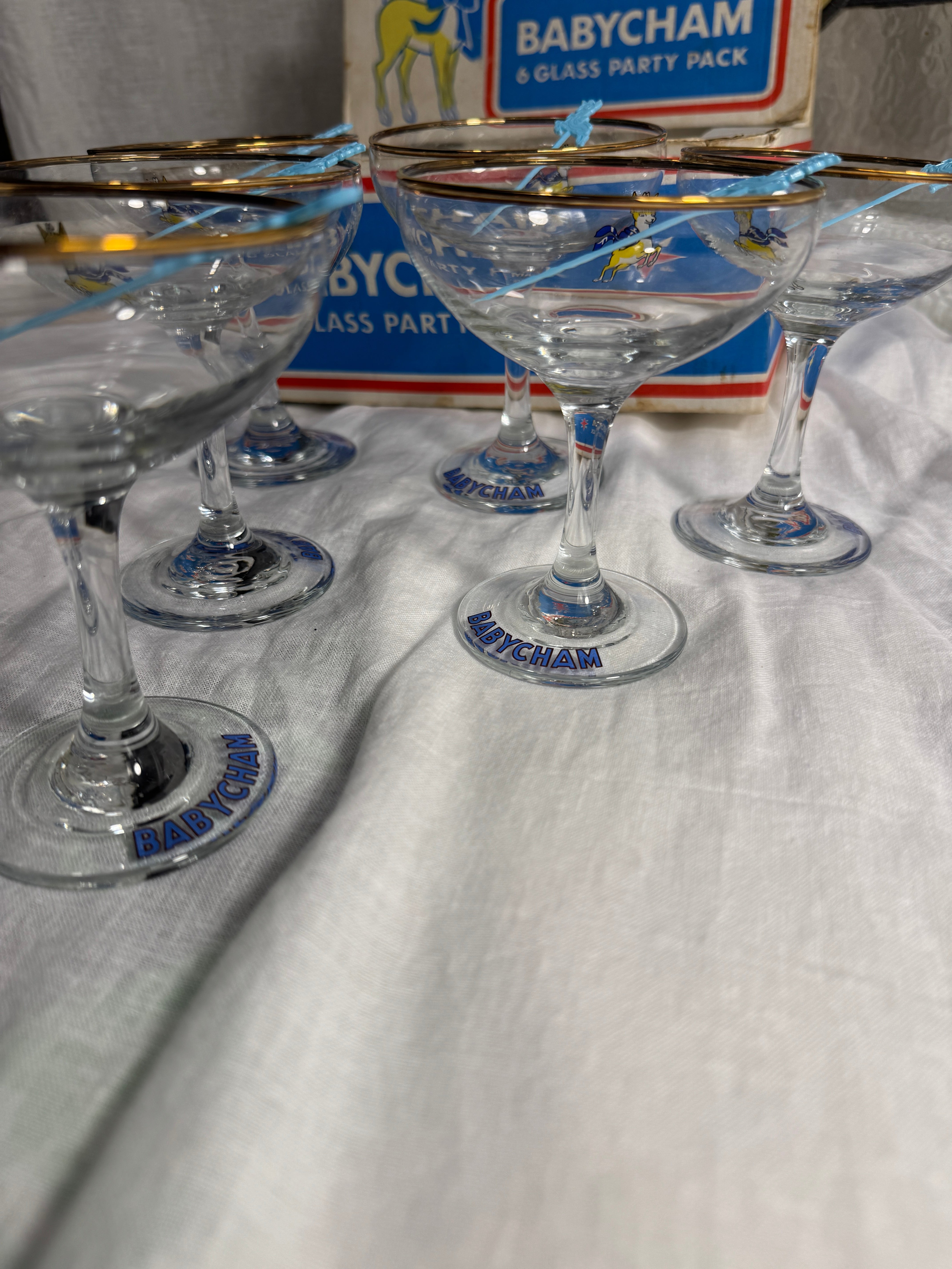 Original 1960s Babycham Party Pack - Includes 6 Glasses, Original Box and Swizzle Sticks