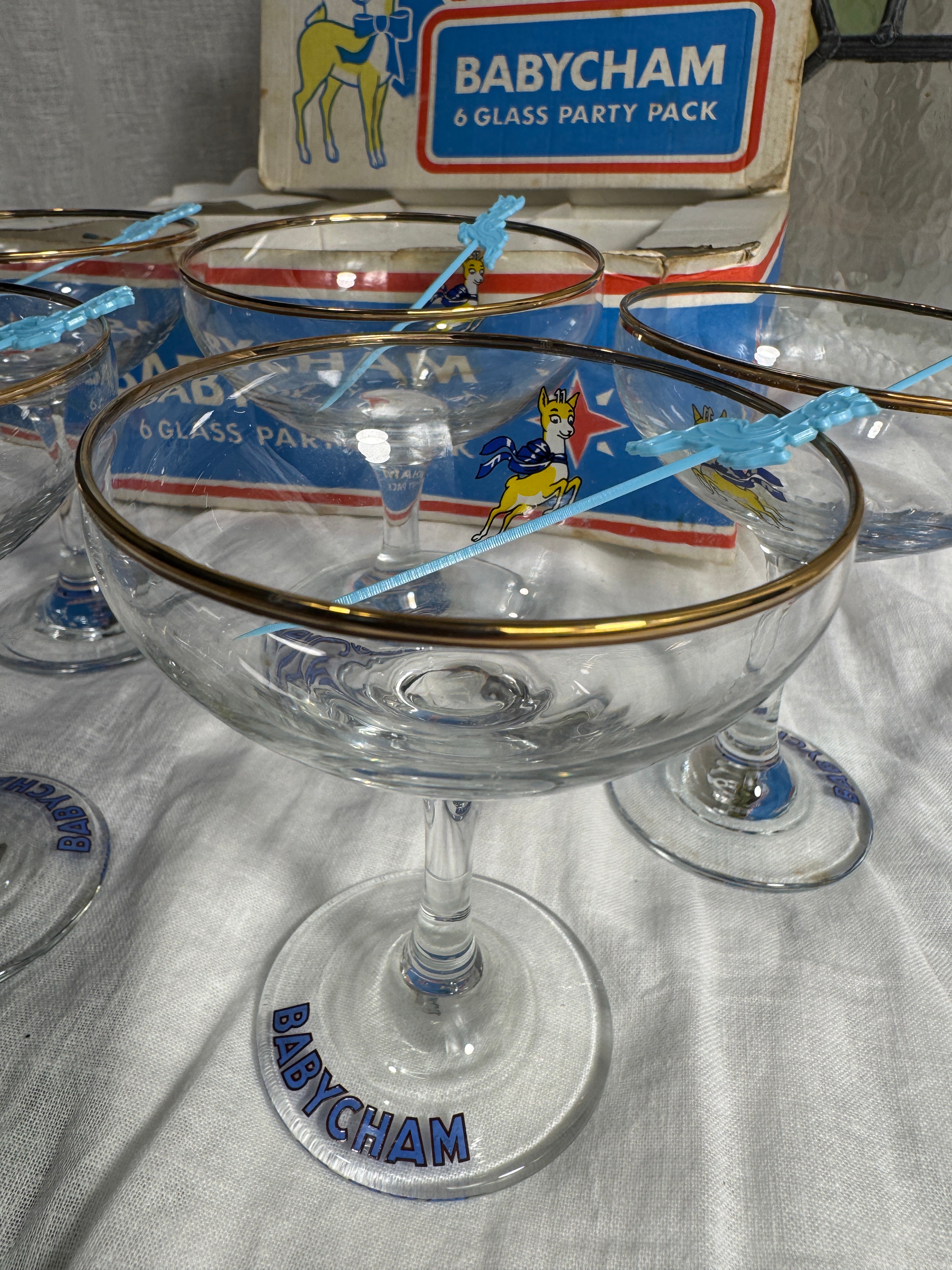 Original 1960s Babycham Party Pack - Includes 6 Glasses, Original Box and Swizzle Sticks