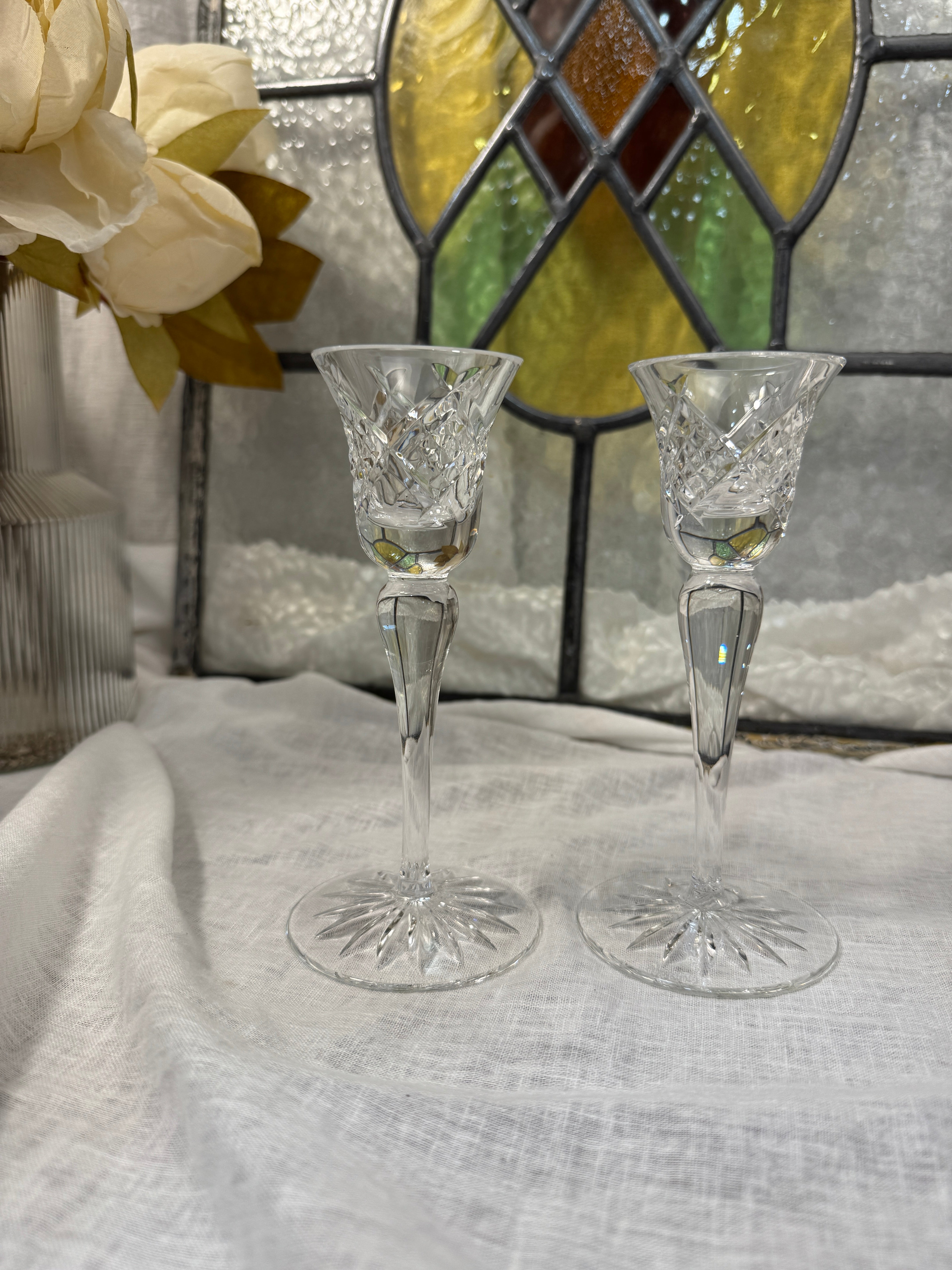 Pair of Waterford Crystal Glass Candle Holders